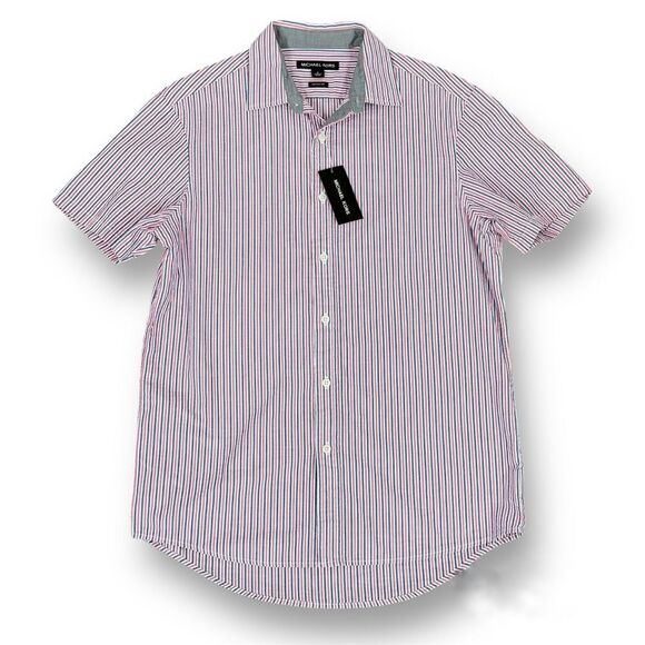 Michael Kors Seersucker Stripe Button Up Shirt Red White Blue Small Short Sleeve - Picture 11 of 11